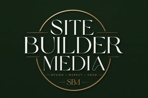 Site Builder Media logo with golden circular border on dark green background featuring the text SBM and tagline Design Market Grow