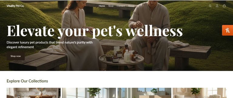 Luxury pet products website homepage showing couple with dog and products, with Elevate your pets wellness headline